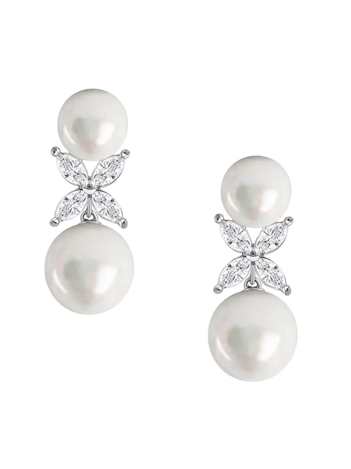 Aros Perlas y Diamantes Naturales corte Marquise en Oro Blanco 18K 1