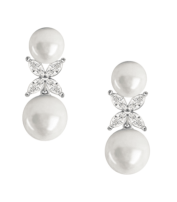 Aros Perlas y Diamantes Naturales corte Marquise en Oro Blanco 18K