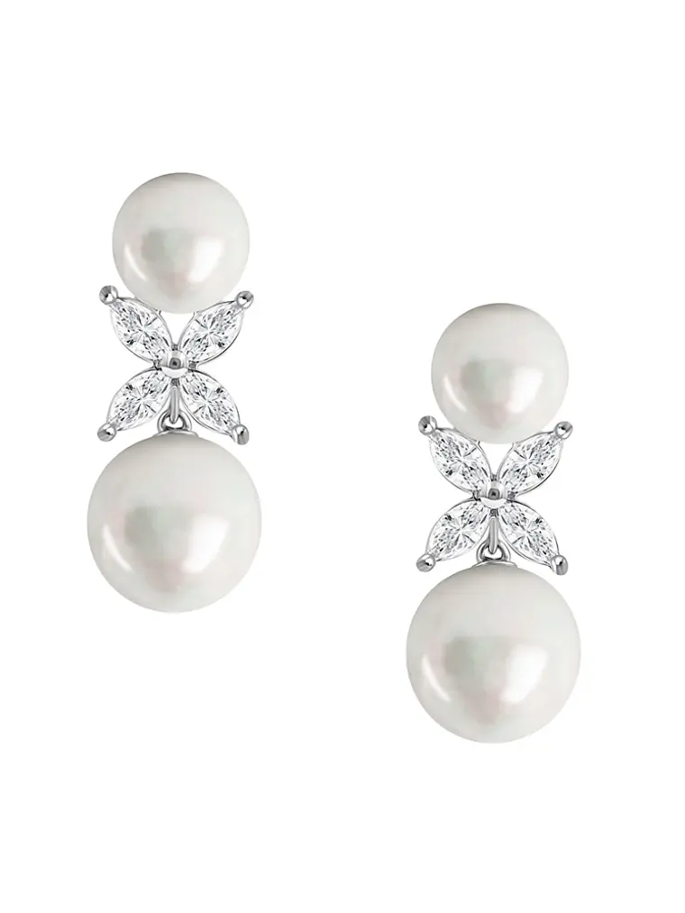 Aros Perlas y Diamantes Naturales corte Marquise en Oro Blanco 18K 1