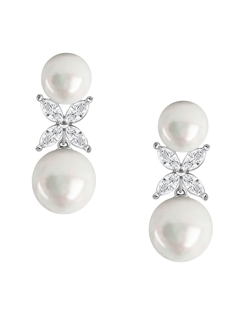 Aros Perlas y Diamantes Naturales corte Marquise en Oro Blanco 18K