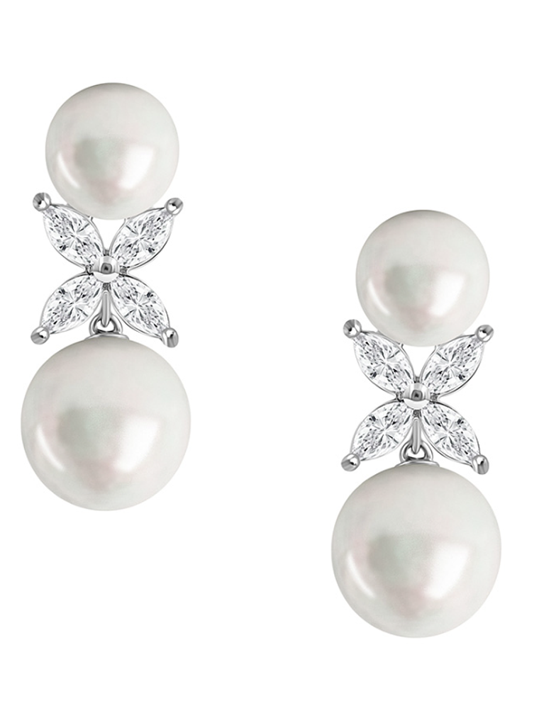 Aros Perlas y Diamantes Naturales corte Marquise en Oro Blanco 18K 1