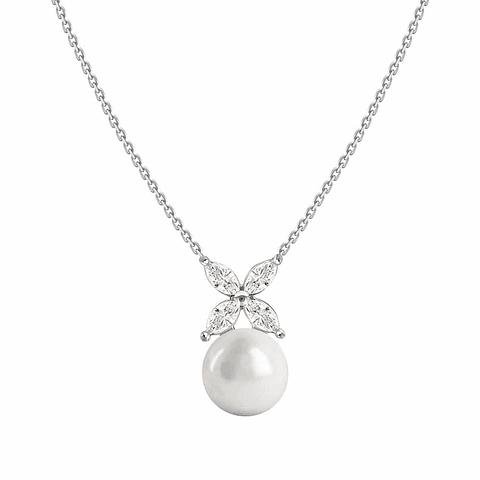 Collar Perla y Diamantes Naturales corte Marquise en Oro Blanco 18K