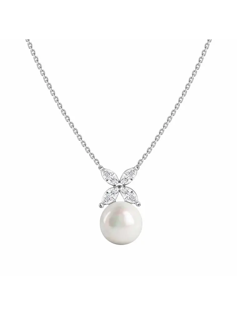 Collar Perla y Diamantes Naturales corte Marquise en Oro Blanco 18K 1