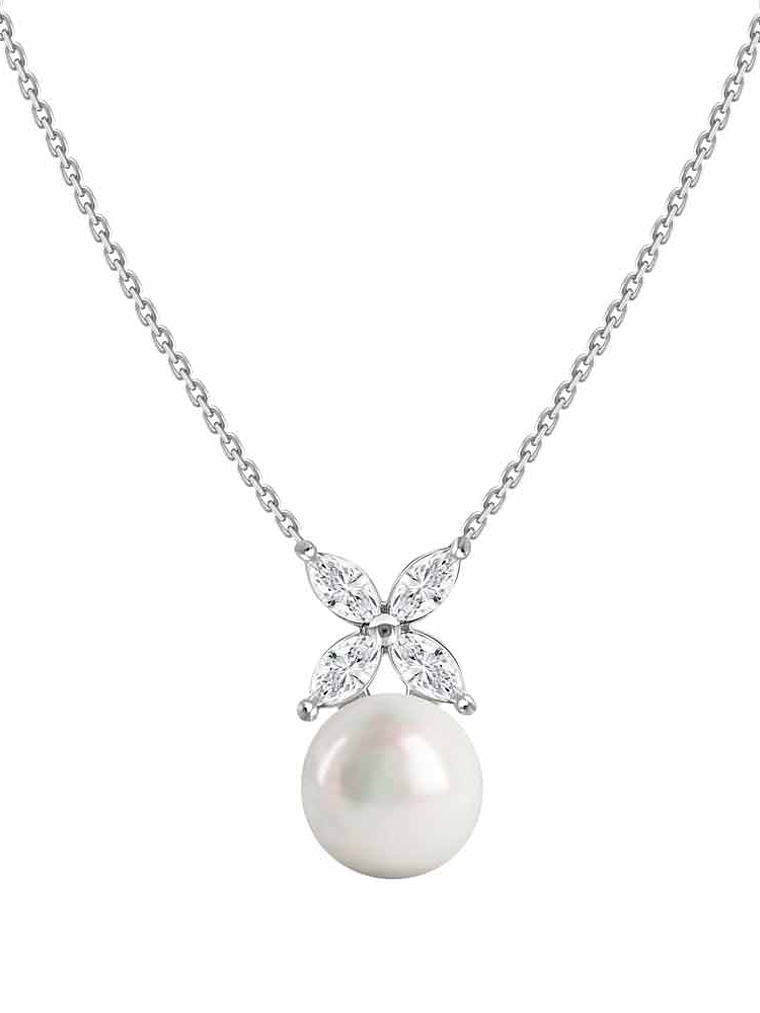 Collar Perla y Diamantes Naturales corte Marquise en Oro Blanco 18K 1