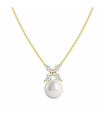 Collar Perla y Diamantes Naturales corte Marquise en Oro Amarillo 18K