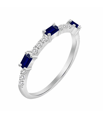 Anillo Solitario 3 Zafiros y Diamantes Naturales en Oro Blanco 18K