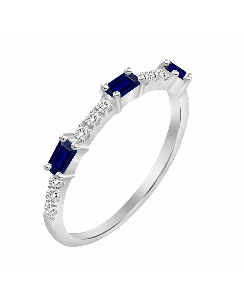 Anillo Solitario 3 Zafiros y Diamantes Naturales en Oro Blanco 18K