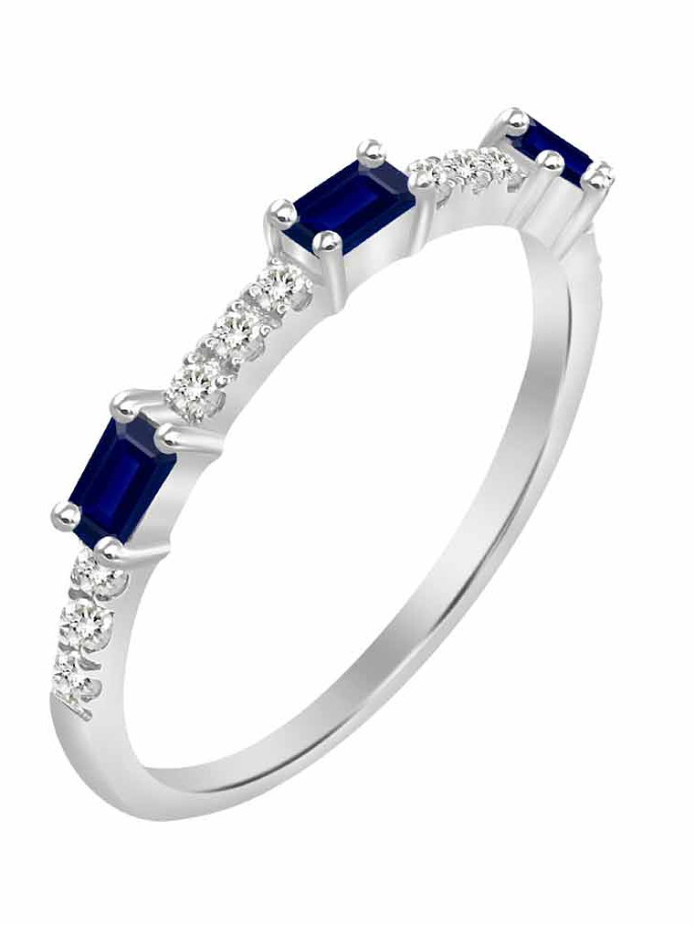 Anillo Solitario 3 Zafiros y Diamantes Naturales en Oro Blanco 18K 1