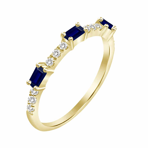 Anillo Solitario 3 Zafiros y Diamantes Naturales en Oro Amarillo 18K