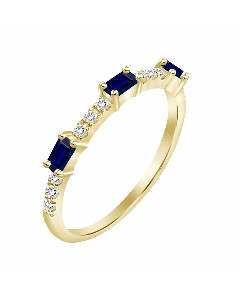 Anillo Solitario 3 Zafiros y Diamantes Naturales en Oro Amarillo 18K