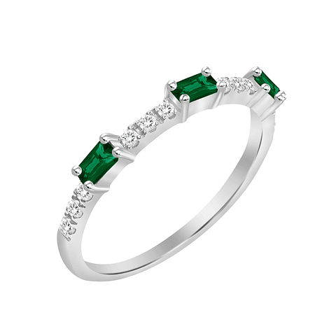 Anillo Solitario 3 Esmeraldas y Diamantes Naturales en Oro Blanco 18K