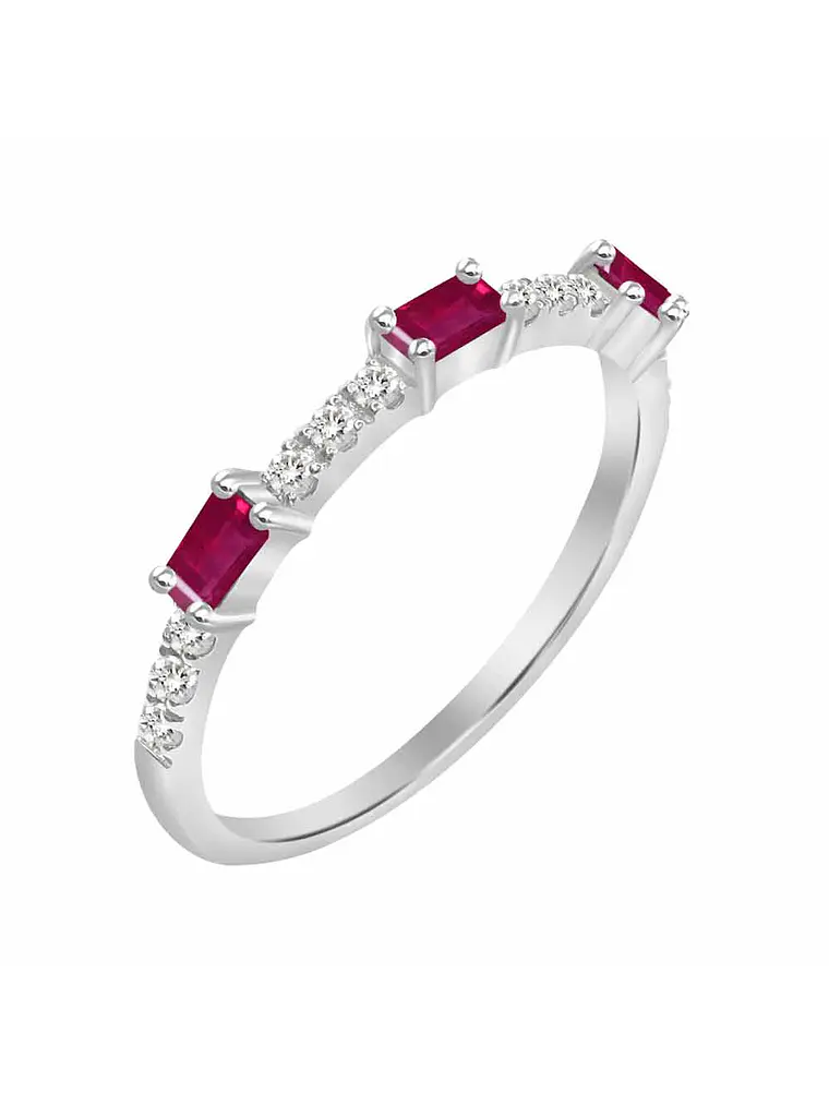 Anillo Solitario 3 Rubíes y Diamantes Naturales en Oro Blanco 18K 1