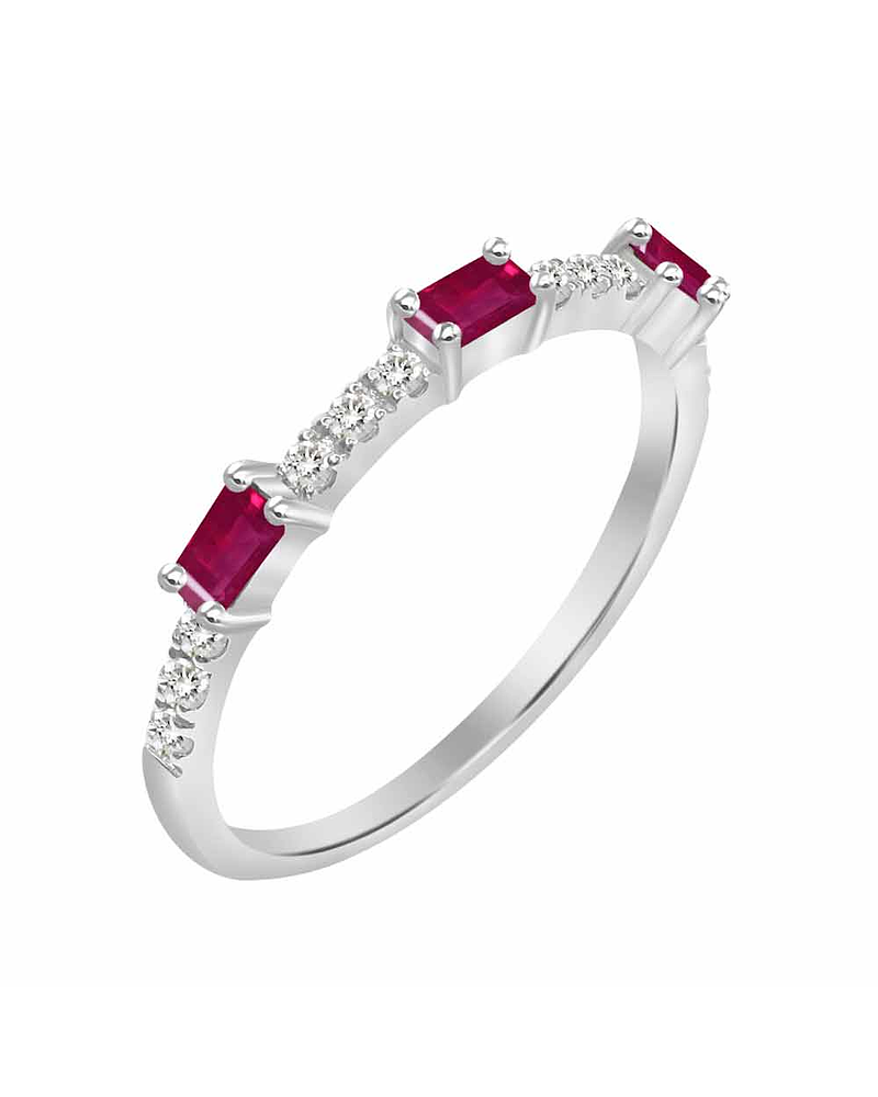 Anillo Solitario 3 Rubíes y Diamantes Naturales en Oro Blanco 18K