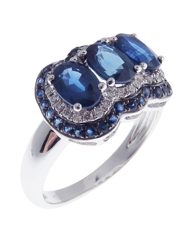 Anillo Cintillo Tricillo Zafiros Doble Halo Diamantes Oro Blanco 18K