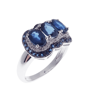 Anillo Cintillo Tricillo Zafiros Doble Halo Diamantes Oro Blanco 18K