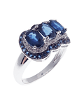 Anillo Cintillo Tricillo Zafiros Doble Halo Diamantes Oro Blanco 18K