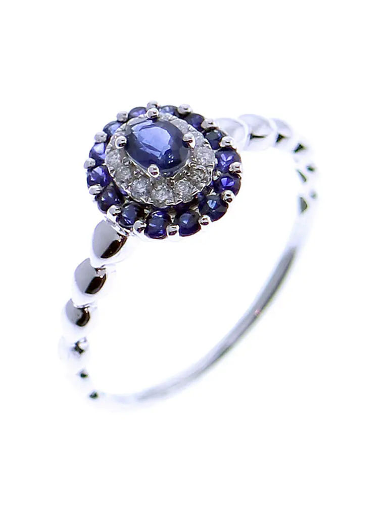 Moderno Anillo Zafiro Azul dole Halo de Diamantes Oro Blanco 18K 2