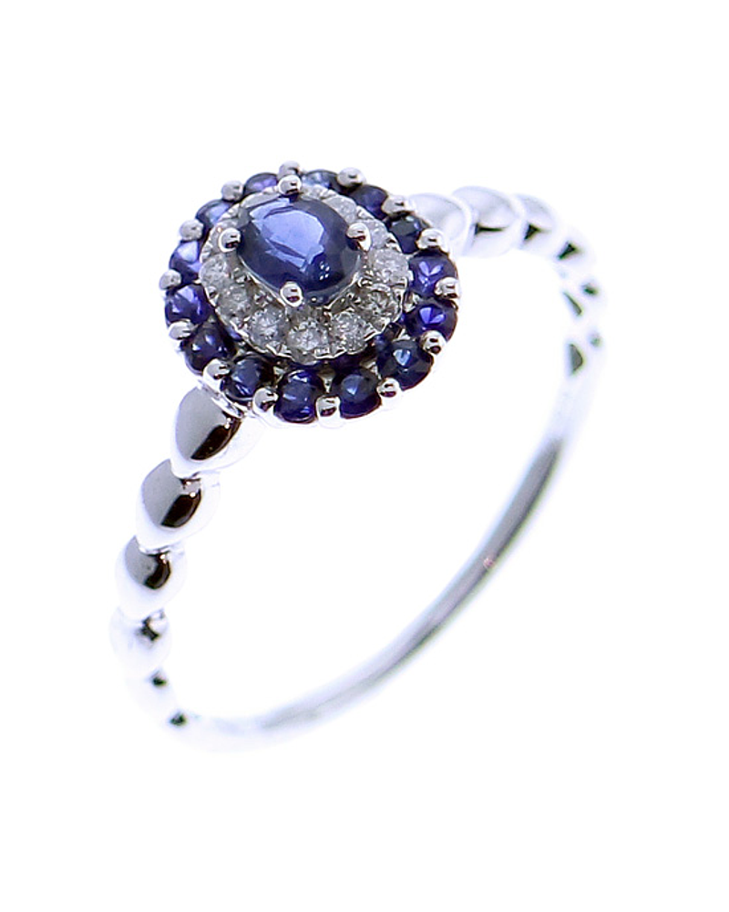 Moderno Anillo Zafiro Azul dole Halo de Diamantes Oro Blanco 18K