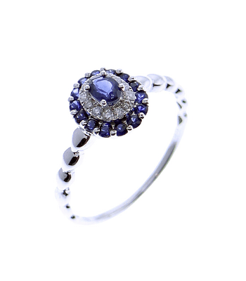 Moderno Anillo Zafiro Azul dole Halo de Diamantes Oro Blanco 18K