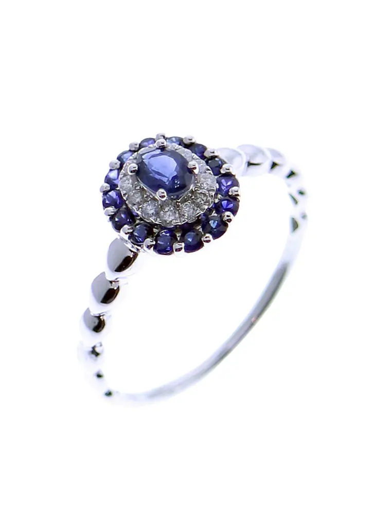 Moderno Anillo Zafiro Azul dole Halo de Diamantes Oro Blanco 18K 1