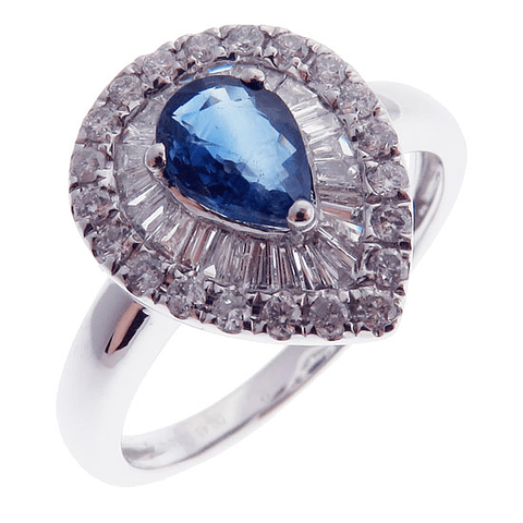 Anillo Solitario Zafiro Gota Diamantes Naturales en Oro Blanco 18k