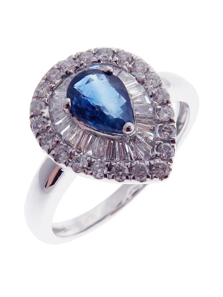 Anillo Solitario Zafiro Gota Diamantes Naturales en Oro Blanco 18k 2