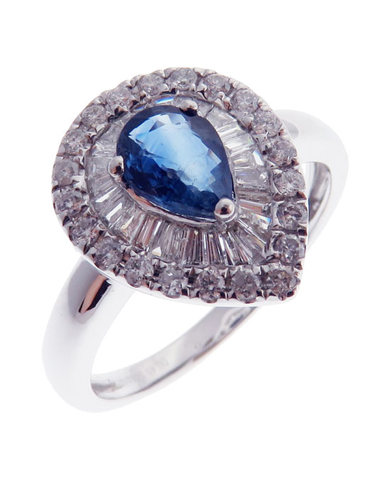 Anillo Solitario Zafiro Gota Diamantes Naturales en Oro Blanco 18k