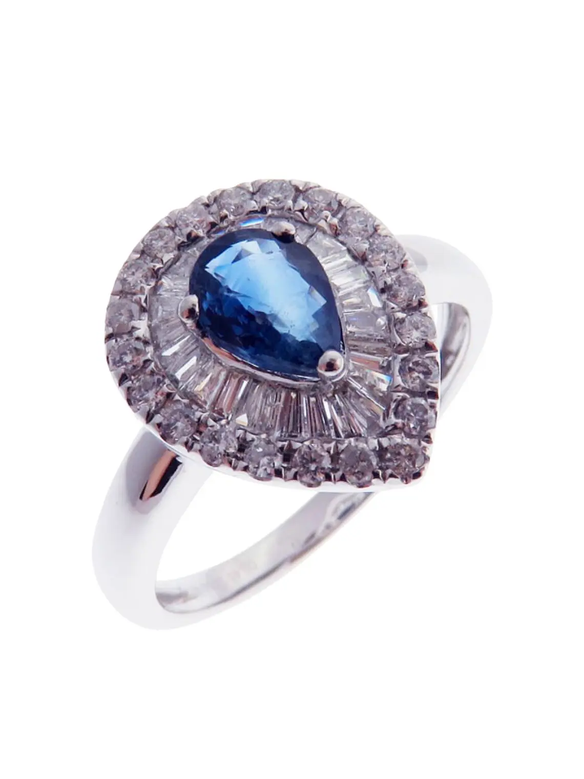 Anillo Solitario Zafiro Gota Diamantes Naturales en Oro Blanco 18k 1