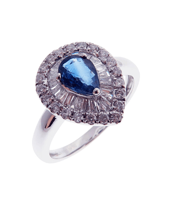 Anillo Solitario Zafiro Gota Diamantes Naturales en Oro Blanco 18k