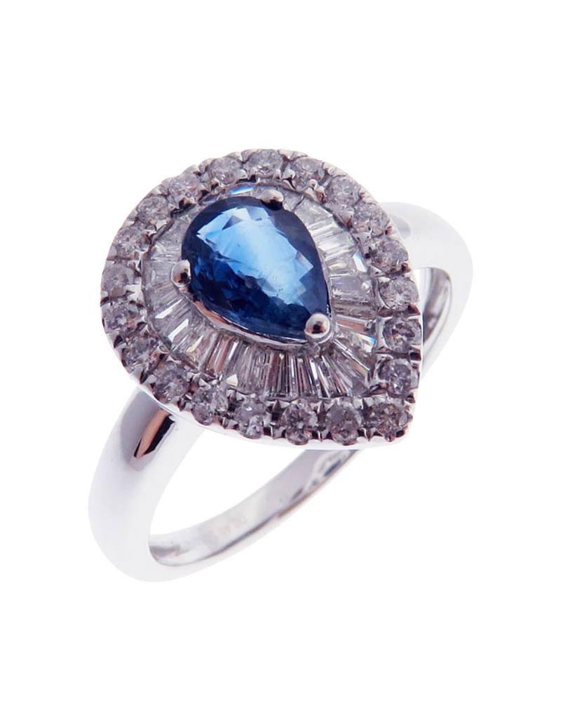 Anillo Solitario Zafiro Gota Diamantes Naturales en Oro Blanco 18k
