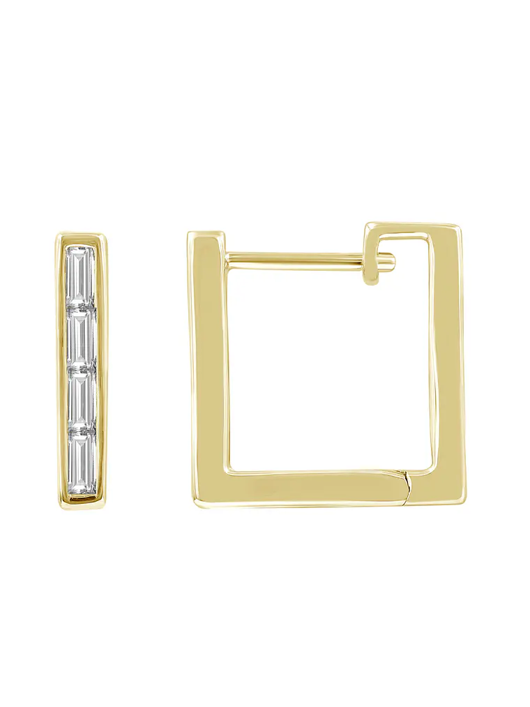 Aros Argollas Cuadradas Diamantes Baguette Oro Amarillo 18K 1