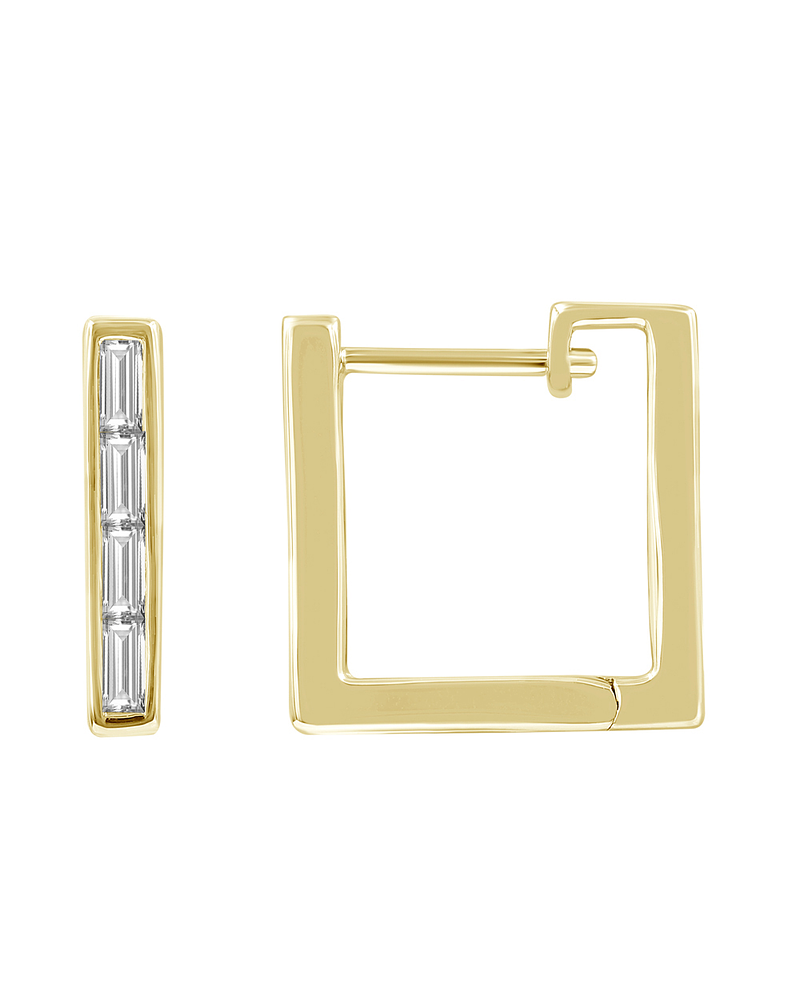 Aros Argollas Cuadradas Diamantes Baguette Oro Amarillo 18K
