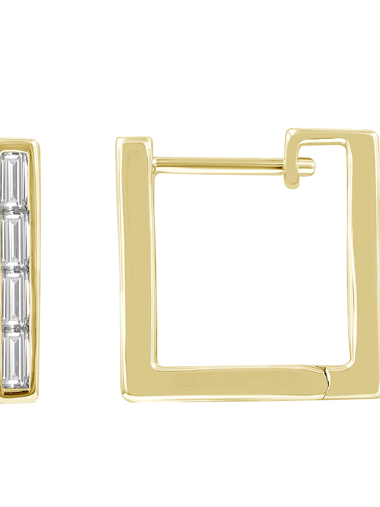 Aros Argollas Cuadradas Diamantes Baguette Oro Amarillo 18K 1