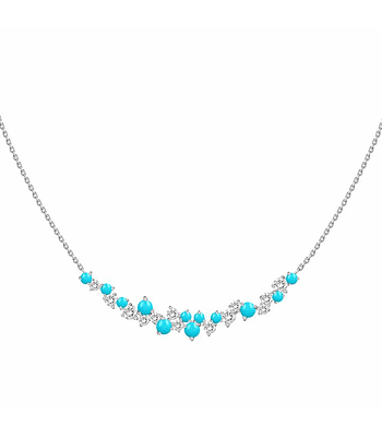 Collar Barrita Grande Diamantes y Turquesas Naturales en Oro Blanco 18K