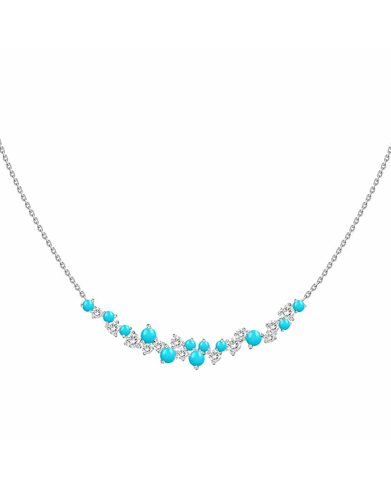Collar Barrita Grande Diamantes y Turquesas Naturales en Oro Blanco 18K