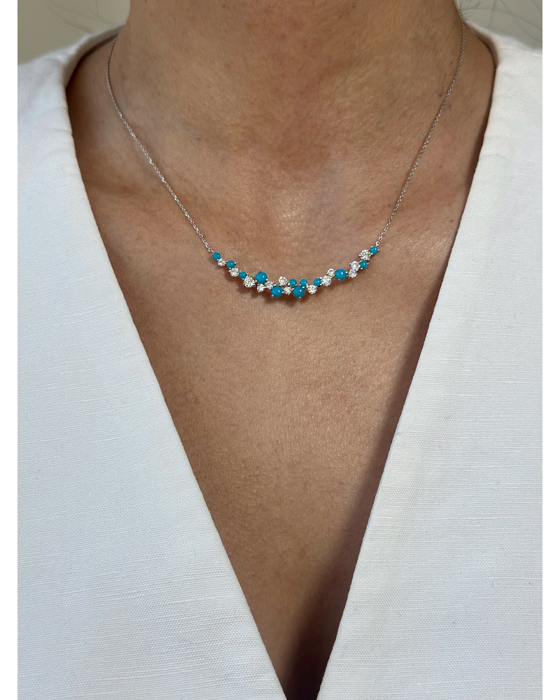 Collar Barrita Grande Diamantes y Turquesas Naturales en Oro Blanco 18K