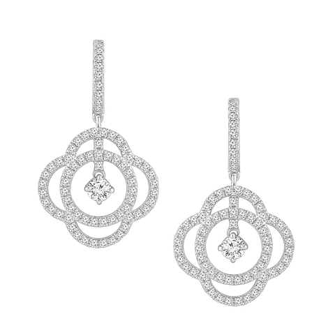 Aros Flor Colgantes Diamantes Naturales en Oro Blanco 18K