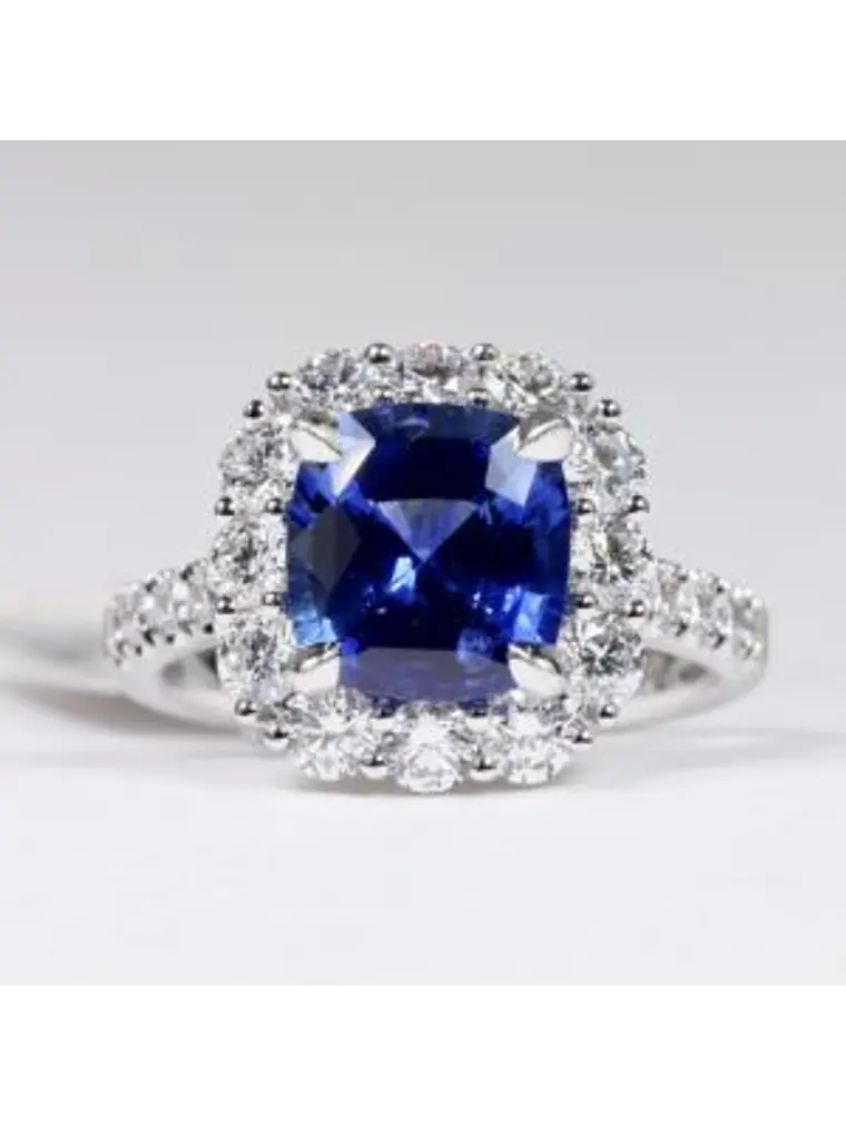 Espectacular Anillo Solitario Gran Zafiro Azul Halo de Diamantes Platino 2