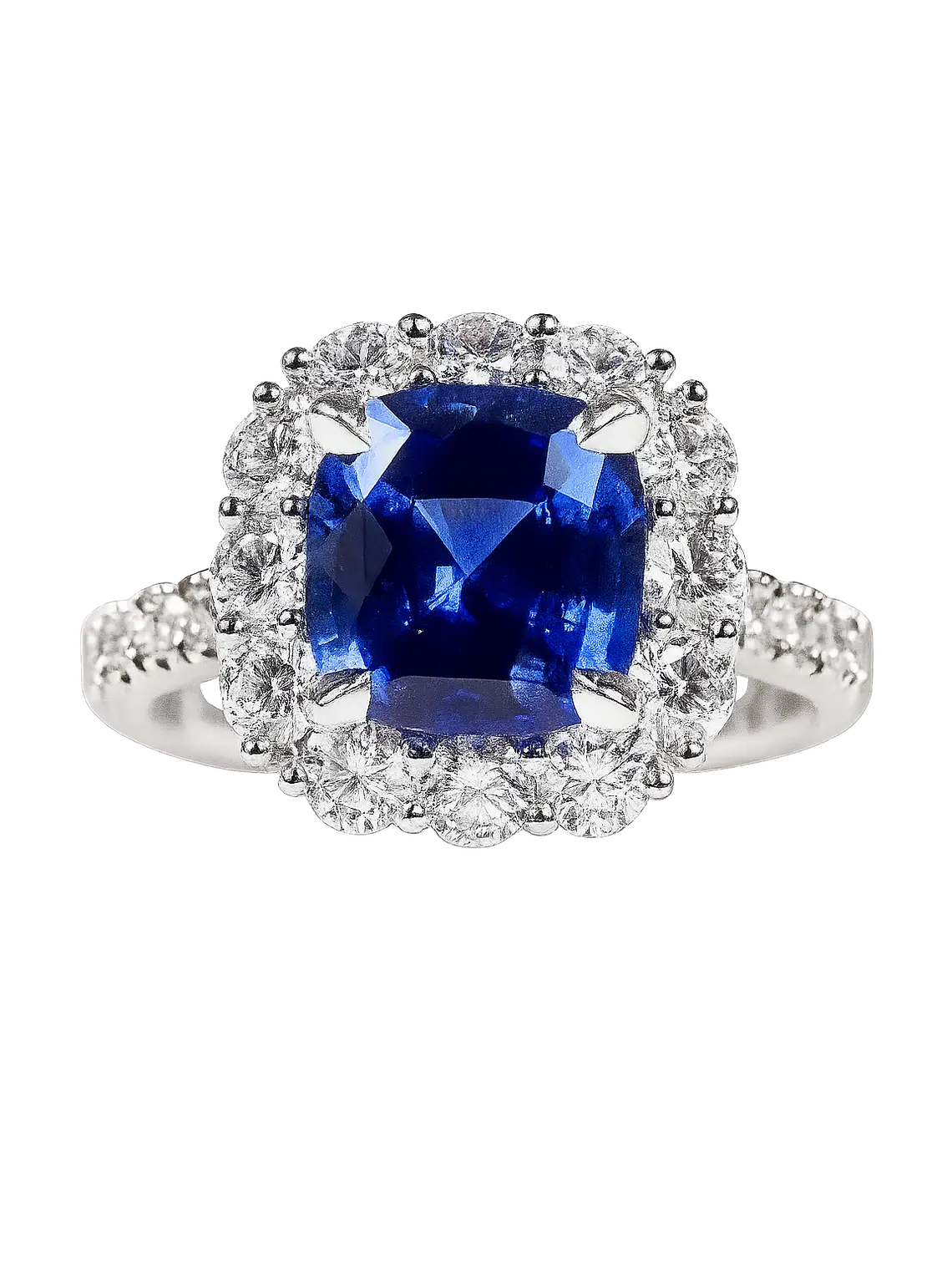 Espectacular Anillo Solitario Gran Zafiro Azul Halo de Diamantes Platino 1