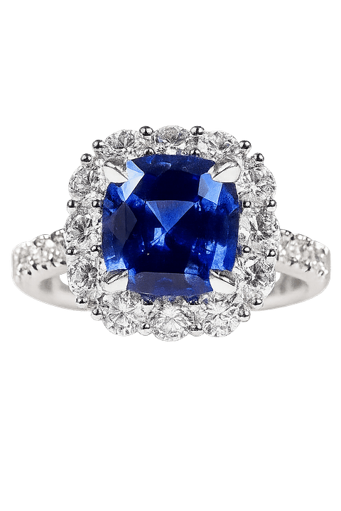 Espectacular Anillo Solitario Gran Zafiro Azul Halo de Diamantes Platino