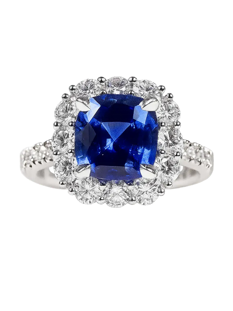 Espectacular Anillo Solitario Gran Zafiro Azul Halo de Diamantes Platino 1