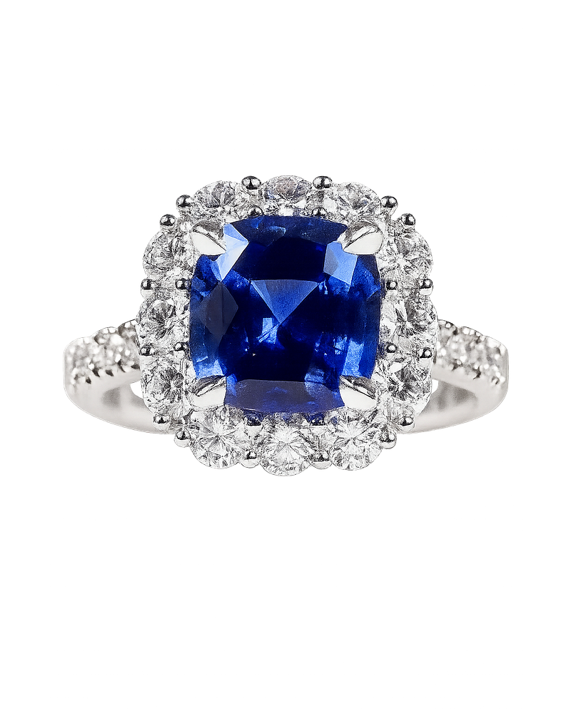 Espectacular Anillo Solitario Gran Zafiro Azul Halo de Diamantes Platino