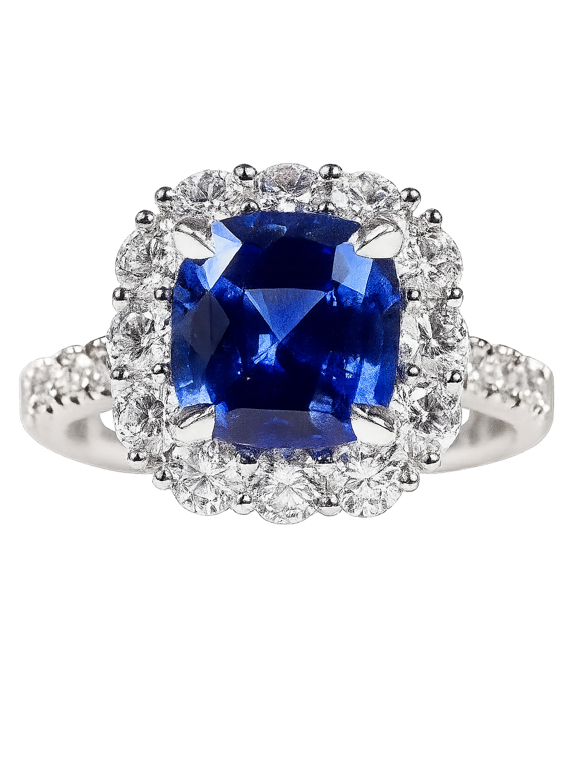 Espectacular Anillo Solitario Gran Zafiro Azul Halo de Diamantes Platino 1