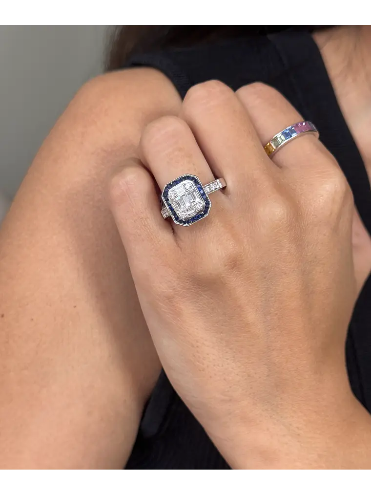 Magnífico Maxi Anillo Zafiros Azules y Diamantes Naturales Oro Blanco 18K 3