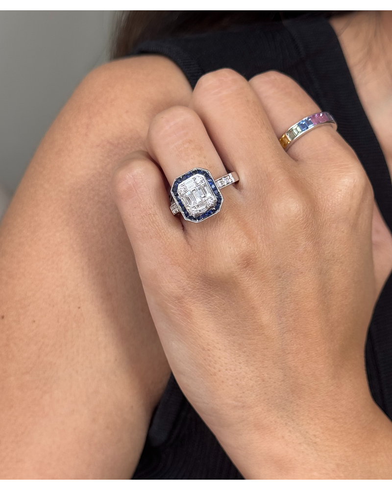 Magnífico Maxi Anillo Zafiros Azules y Diamantes Naturales Oro Blanco 18K