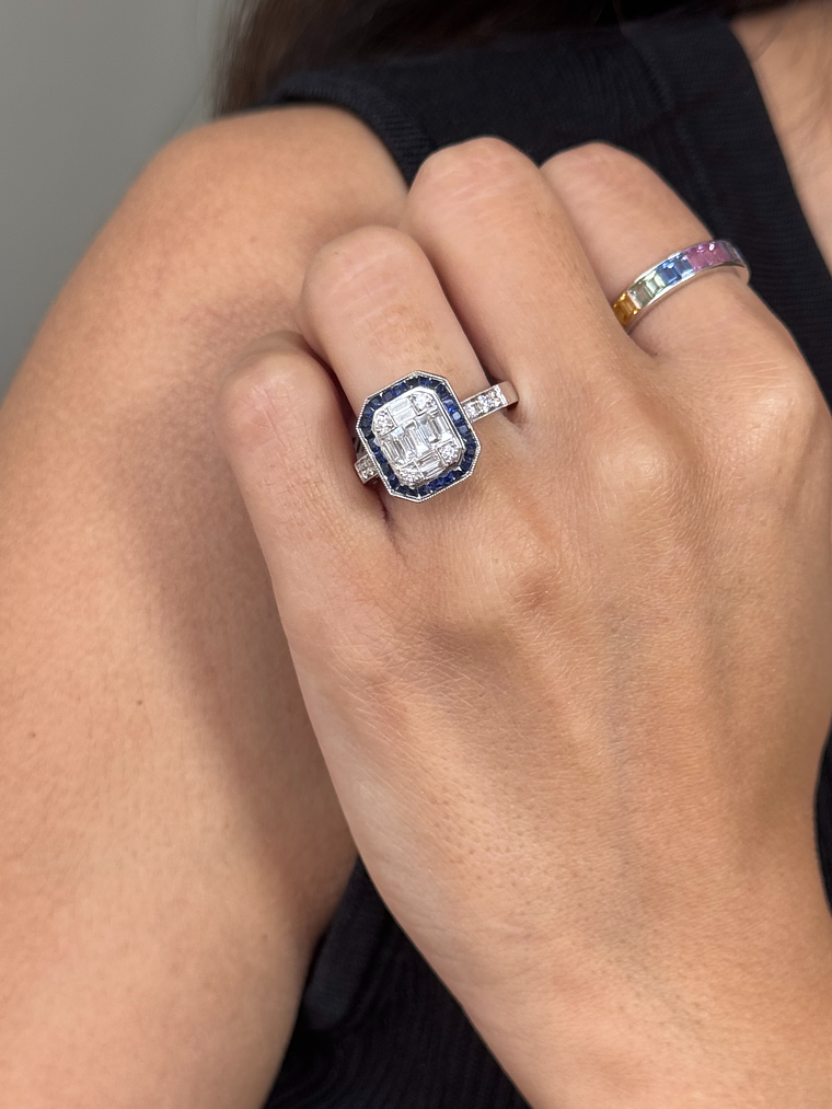 Magnífico Maxi Anillo Zafiros Azules y Diamantes Naturales Oro Blanco 18K 3