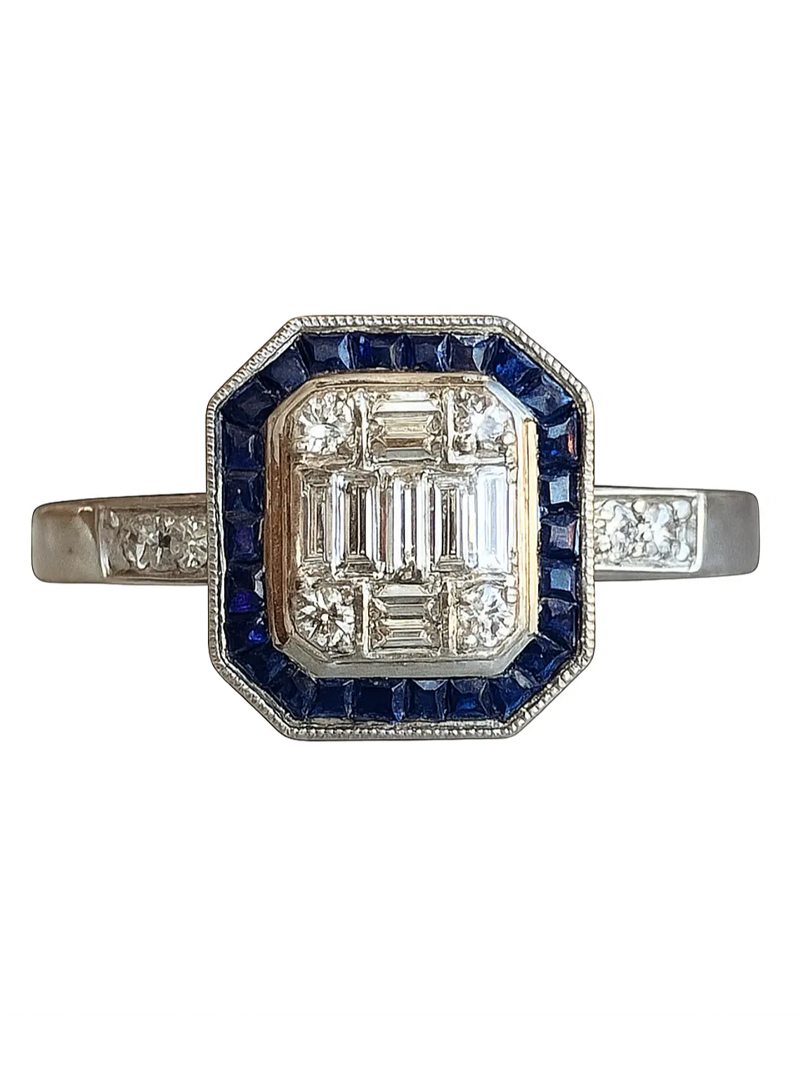 Magnífico Maxi Anillo Zafiros Azules y Diamantes Naturales Oro Blanco 18K 2