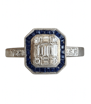 Magnífico Maxi Anillo Zafiros Azules y Diamantes Naturales Oro Blanco 18K