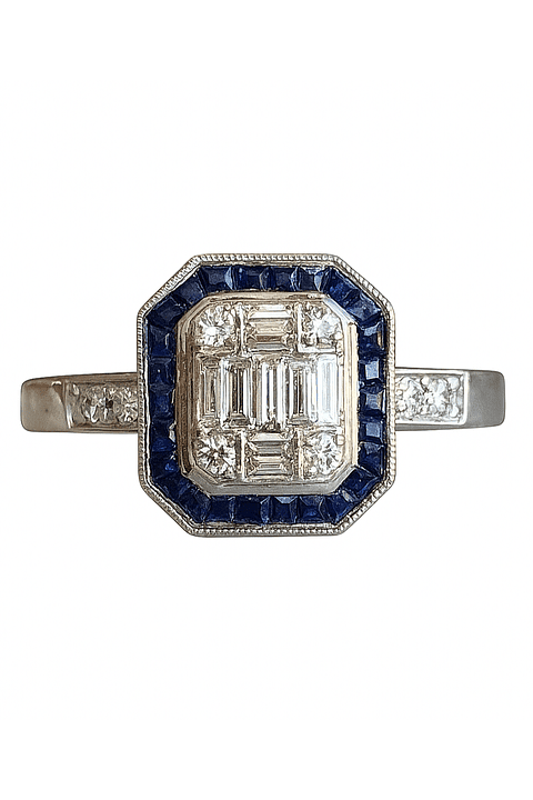 Magnífico Maxi Anillo Zafiros Azules y Diamantes Naturales Oro Blanco 18K