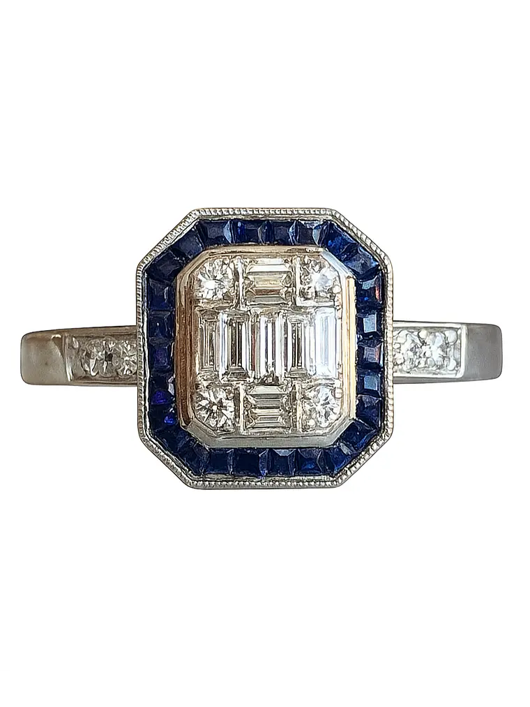 Magnífico Maxi Anillo Zafiros Azules y Diamantes Naturales Oro Blanco 18K 2